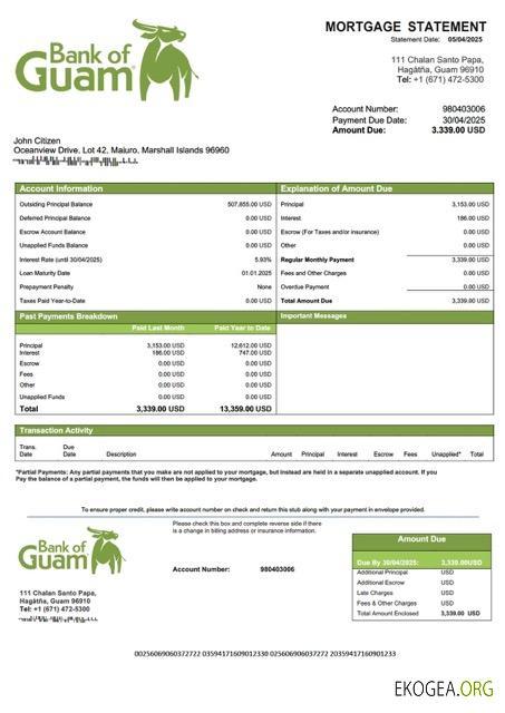 Modèle Word et PDF de relevé hypothécaire de la Banque des Îles Marshall de Guam